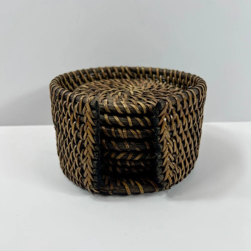 Unbranded Rattan Coaster Set Home OS Brown Excellent Woven 7pc With Holder